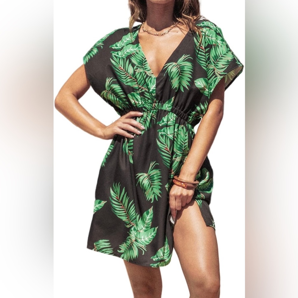 Cupshe Black Mini Dress with Green Tropical Leaf Print